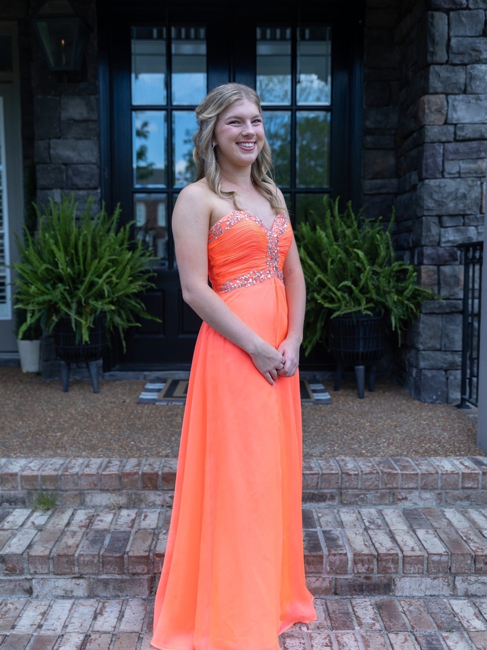 Mac Dugal formal gown Strapless Beaded Coral-Orange Evening Gown